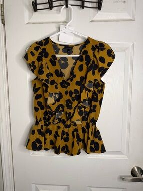 Who What Wear Mustard Yellow Ruffle Peplum Blouse with Black Spot Print